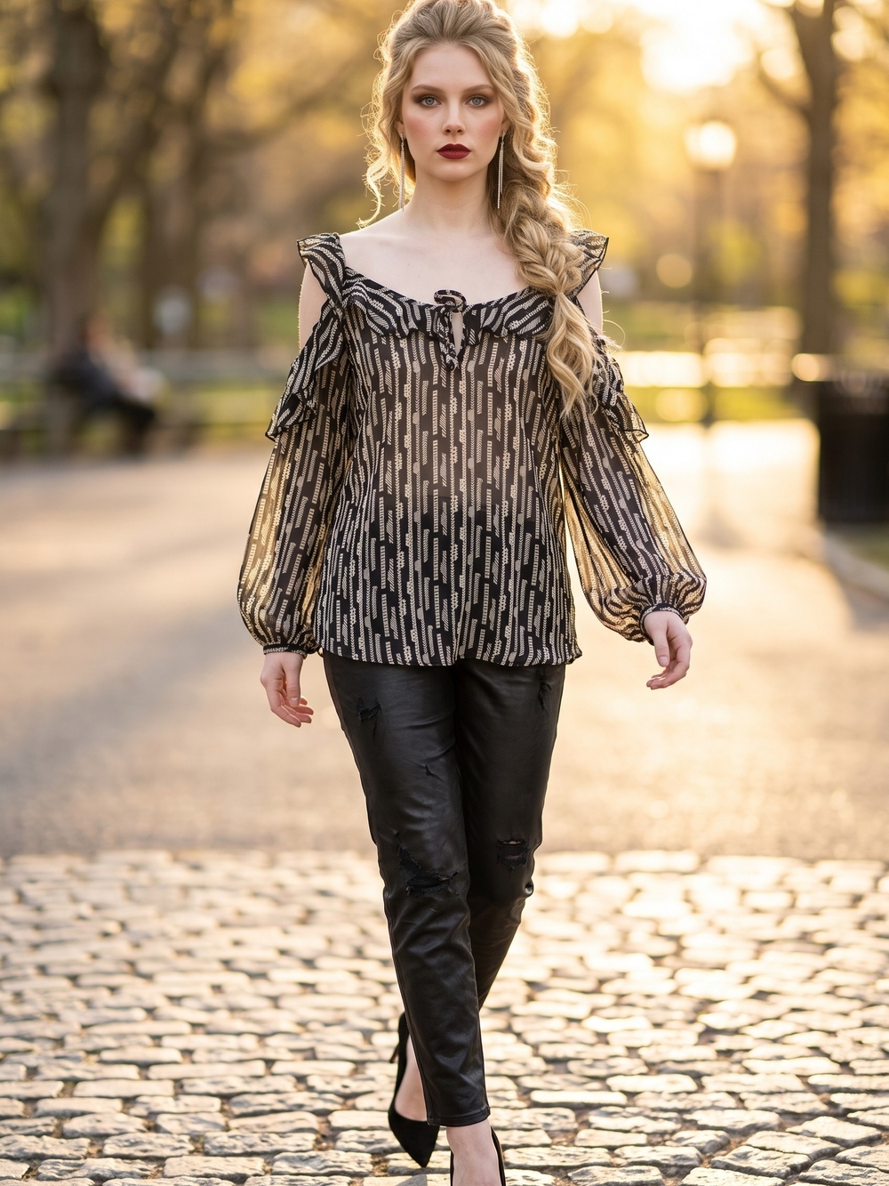VENUS Black Sheer Cold-Shoulder Ruffle Blouse with Ivory Dash Print